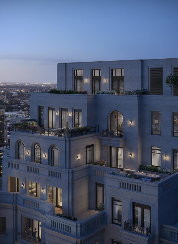 Exterior rendering of building balcony's at night 820x600
