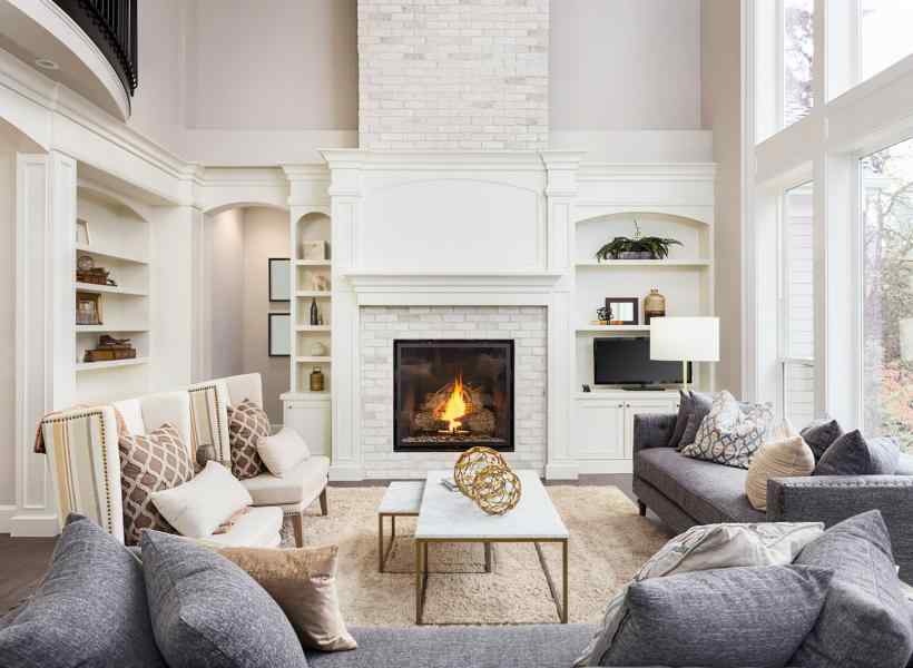 Interior living room home decor with fireplace on